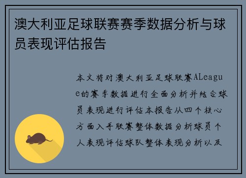 澳大利亚足球联赛赛季数据分析与球员表现评估报告