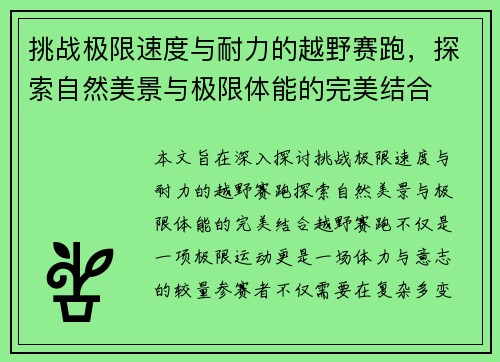 挑战极限速度与耐力的越野赛跑，探索自然美景与极限体能的完美结合