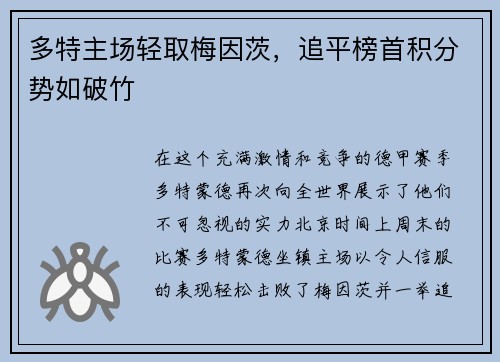 多特主场轻取梅因茨，追平榜首积分势如破竹